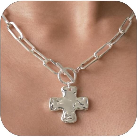 Jewelry - Gold Chunky Cross Necklace for Women - Statement Layered Hammered Cross Pendant